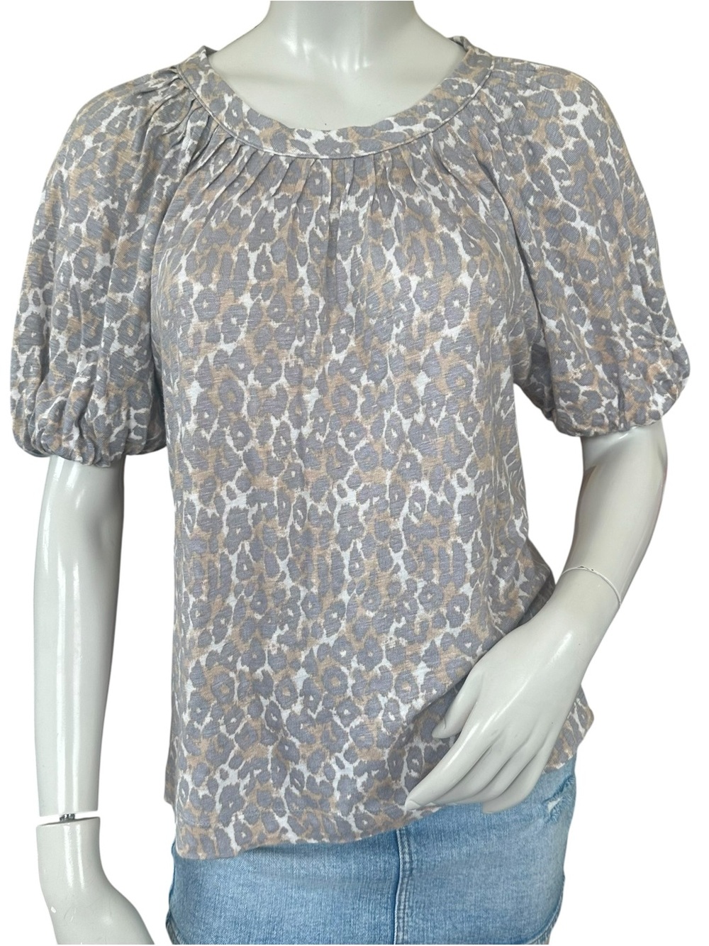 Anthropologie Maeve Gray Taupe Leopard Print 100% Linen Short Sleeve Blouse Sm